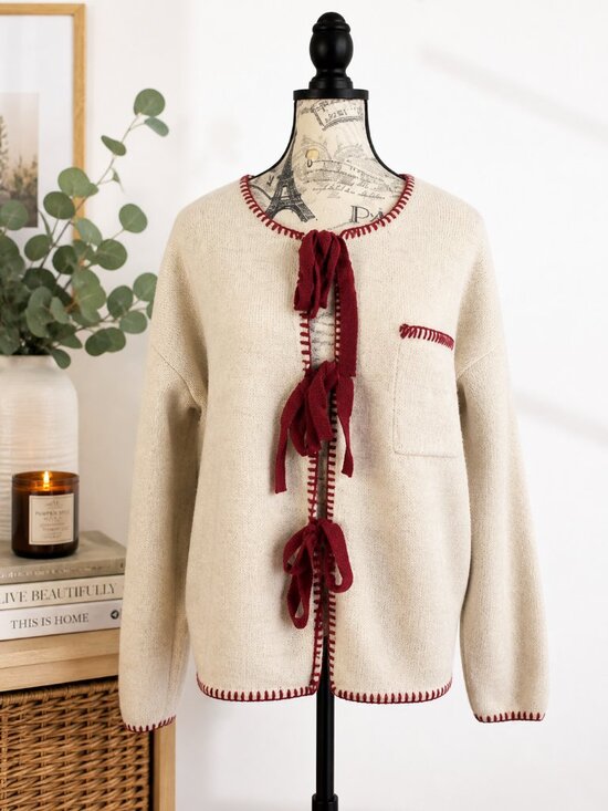 Sunday Edition Sweaters - Sunday Edition Tie Front Cardigan Women Small Cream Burgundy Trim Cozy Boutique